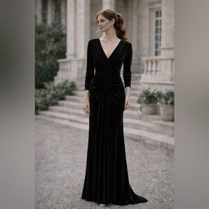 Black Velvet‎ Long Sleeve ruched v-neck long Dress gown special occasion sz 8